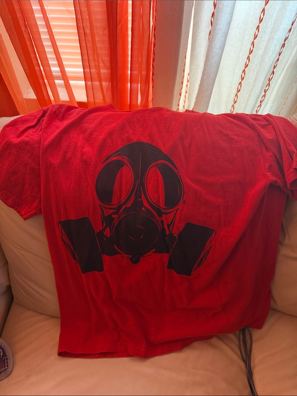 Red Graphic Tee with Black Gas Mask Print